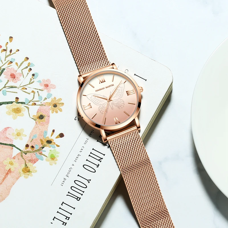 هانا مارتن العلامة التجارية ساعة نسائية أصلية ثلاثية الأبعاد ارتفع الذهب 36 مللي متر شبكة من الاستانلس استيل حزام مع حركة الكوارتز اليابانية ساعات نسائية