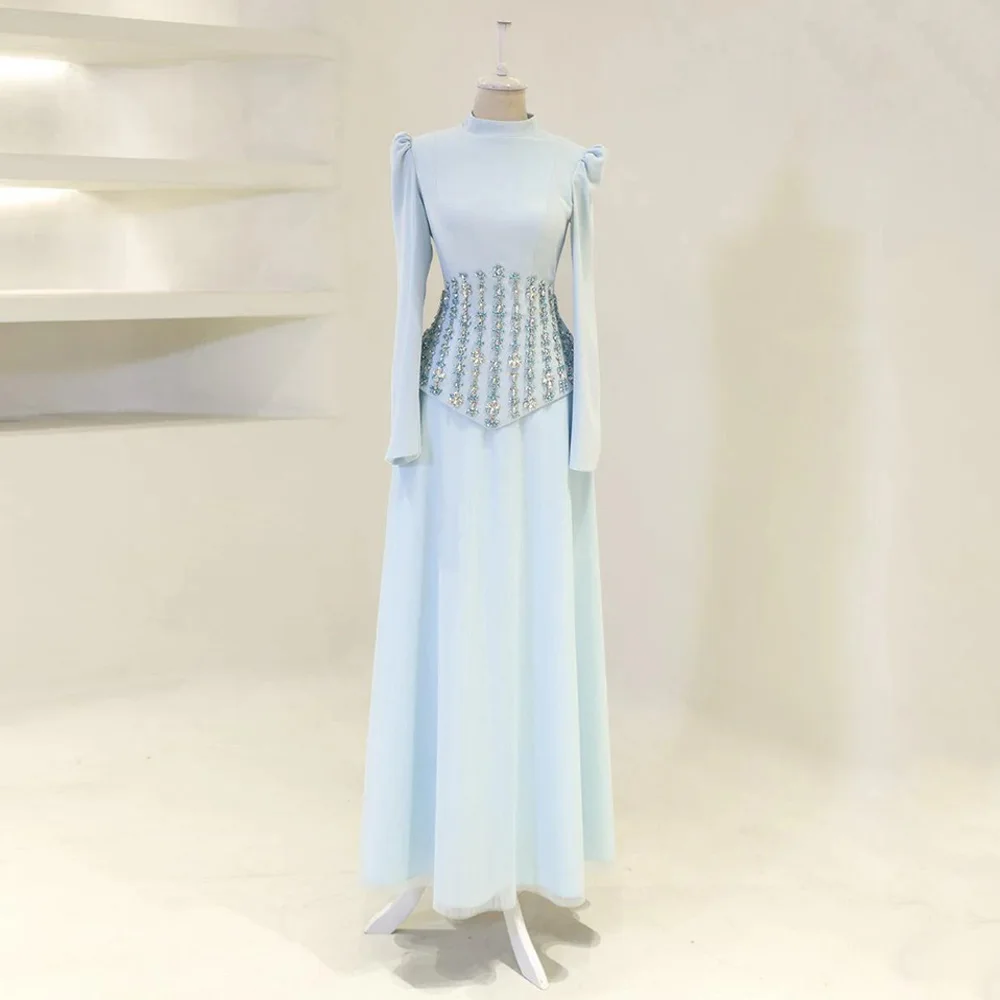 Bescheidene arabische Abendkleider, maßgeschneidert, lange Ärmel, hoher Kragen, Kristall-Strass, zweiteiliges Ballkleid, Partykleider