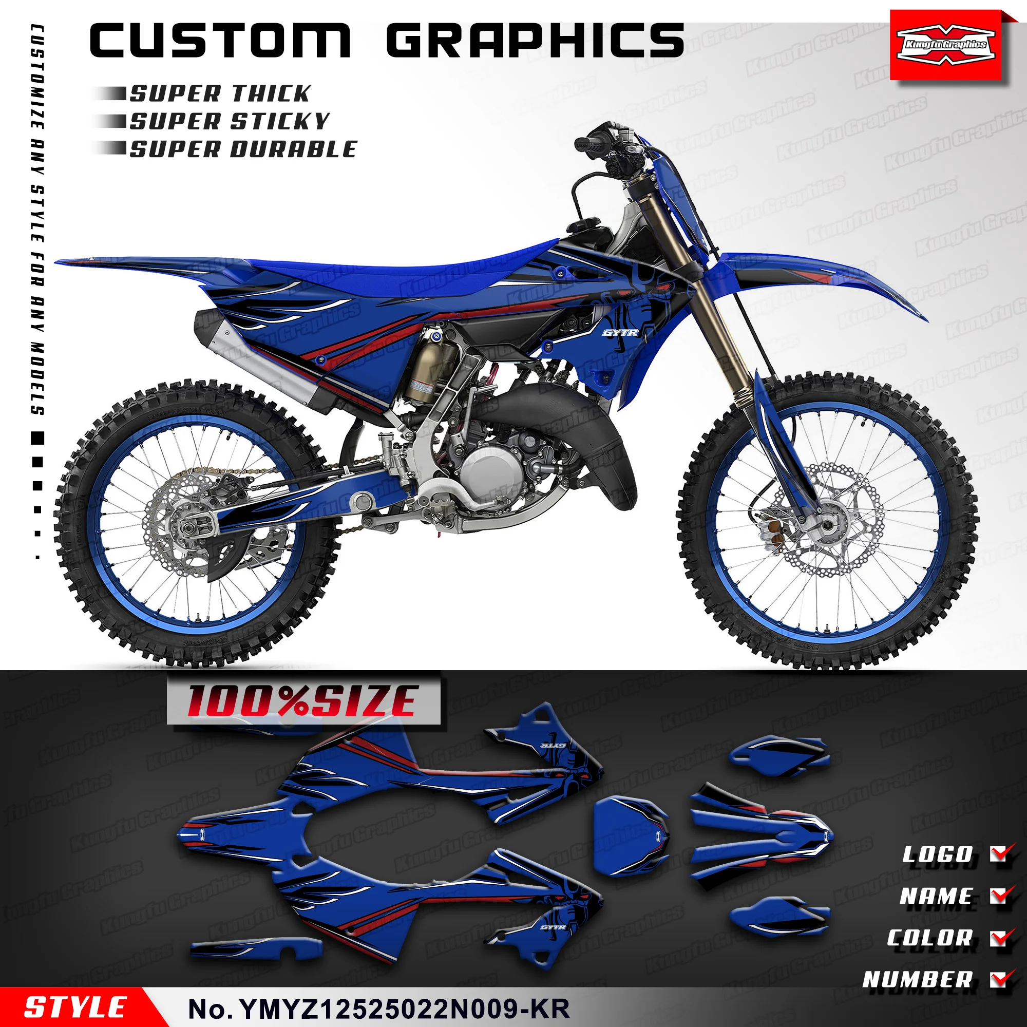 

KUNGFU GRAPHICS Motorbike Logo Sticker Wrap Kit for Yamaha YZ125 YZ250 YZ 125 250 YZ125X YZ250X 2022 2023 2024, Blue