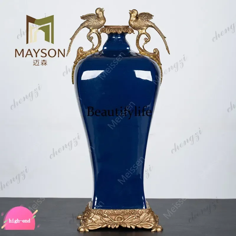 Ji blue glaze with copper double magpie square plum vase Jingdezhen ceramics vase European ornament