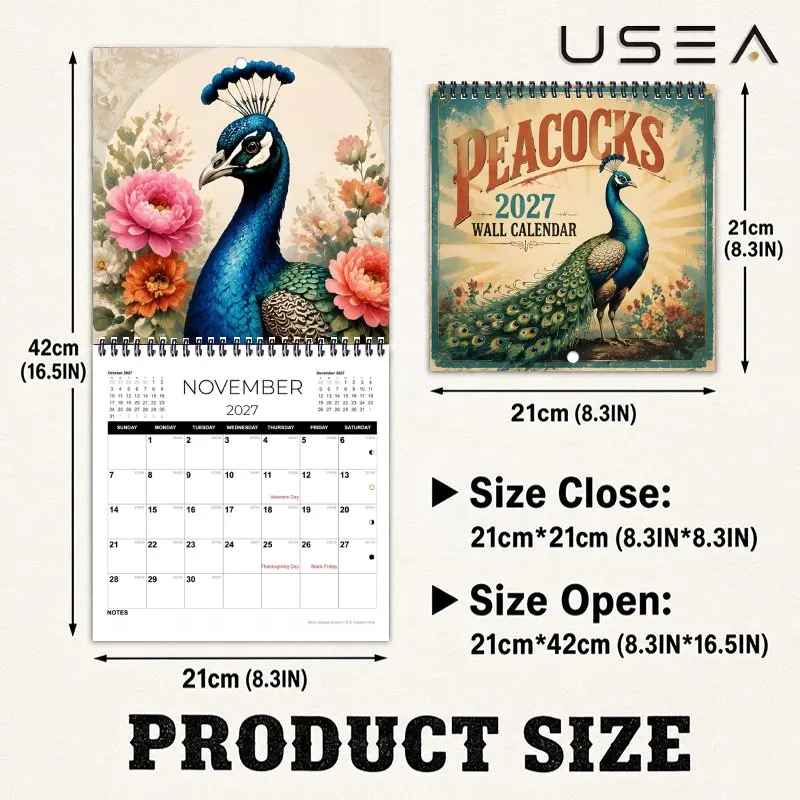 2027Peacock Vintage Wall Calendar,Large Writable Block with US Federal Holidays,Boho Aesthetic Decor,Gift for Women Mom Coworker