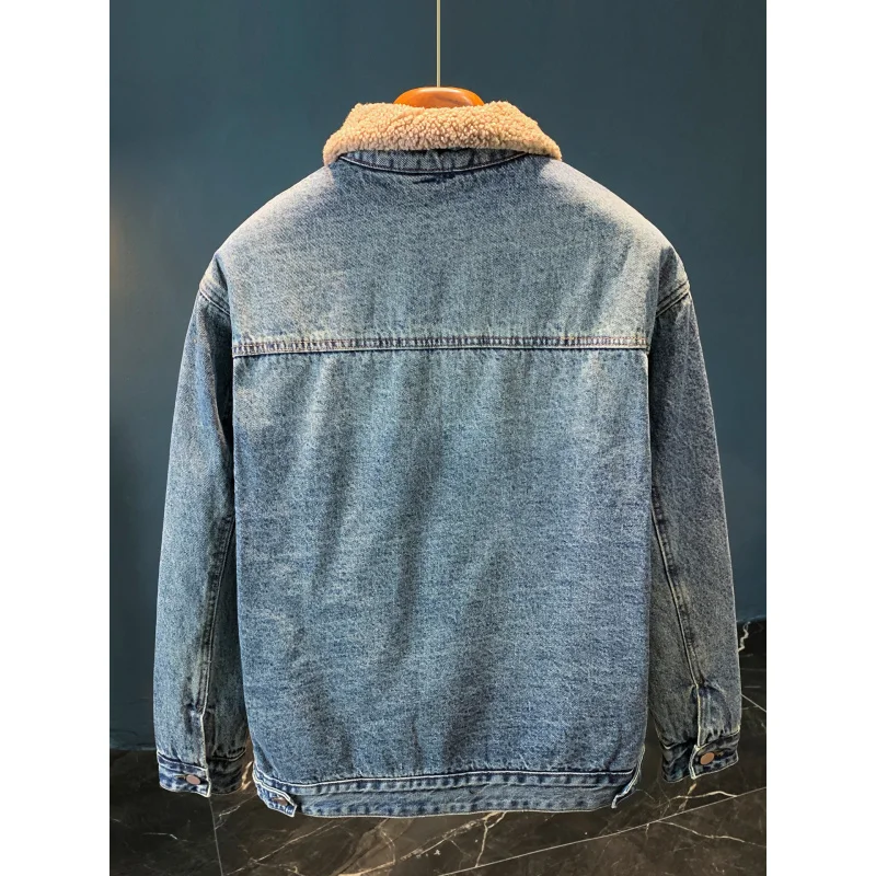 

Толстая джинсовая куртка с добавлением флиса для мужчин зимняя, теплая, ретро, модная, ностальгическая и модная.