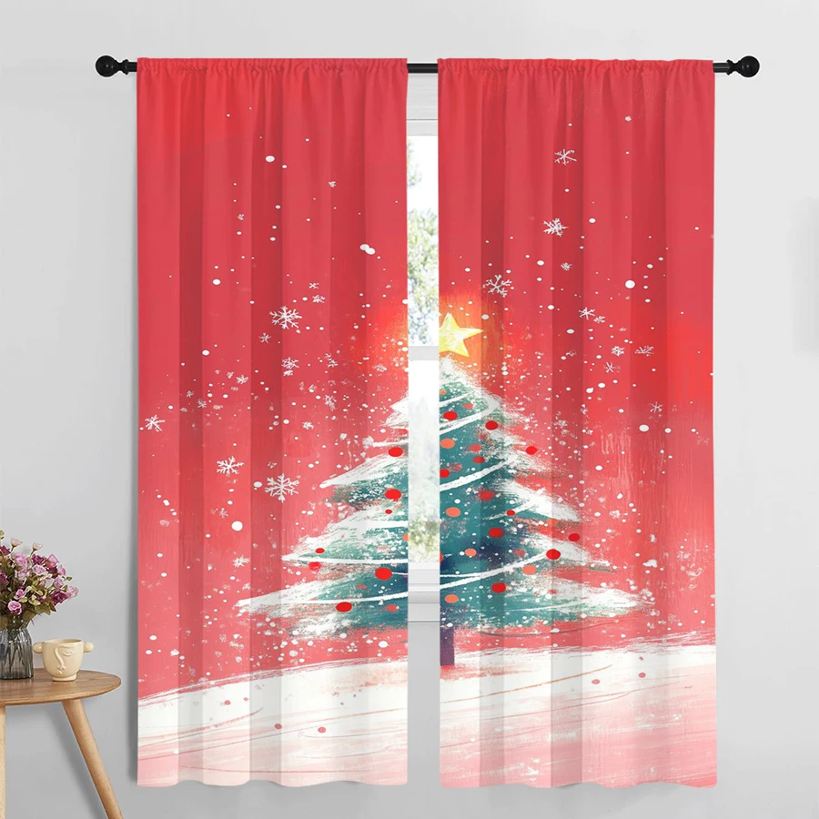 2PCS Red Christmas Tree Curtains, Snowy Winter Holiday Cartoon Illustration Window Drapes for Bedroom Living Room Decor