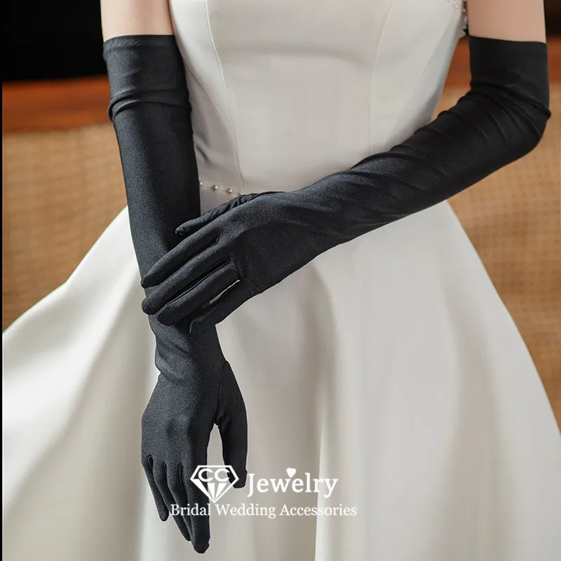 

CC Wedding Gloves Women Accessories Bridal Dress Engagement Black Color Finger Gants Satin Elbow Long Luvas 1 Pair Party WG068
