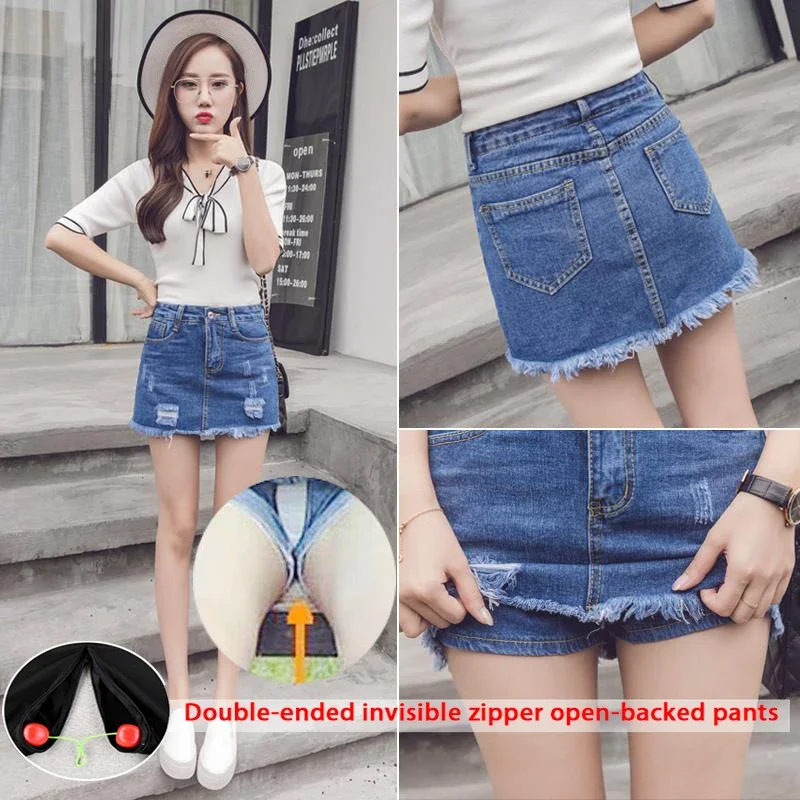 

Sexy Skirt Outdoor Sex Pants Female Open Crotch High Waist Boyfriend Ripped Jeans Skort Peach Butt Culottes Denim Short Skirts