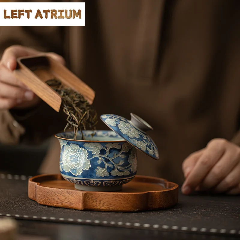 170ml Ru Kiln Blue And White Peony Gaiwan Handmade Tea Tureen Tea Bowl With Lid Kit Tea Maker Cover Bowl Ceremony Collection view 2