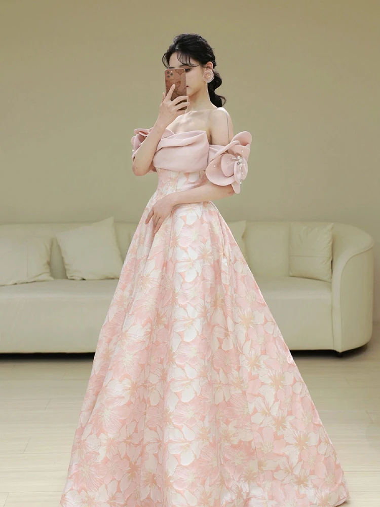 

Ele Pink Wedding Dr One oulder Sle for Engagement Par Banquet Ceremony Lightweight Luxury Bride Gown