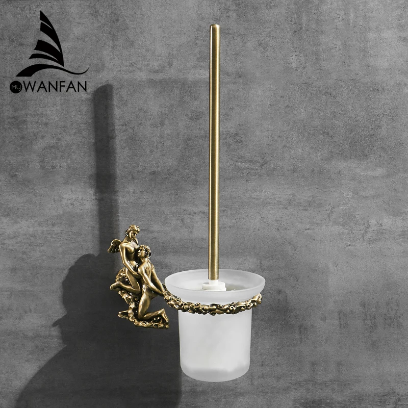 Romantic Toilet Brush Holder, Gold/Silver Toilet Bowl Brush Set with Glass Cup Brass Handel Replaceable Brush Head MB-0811B