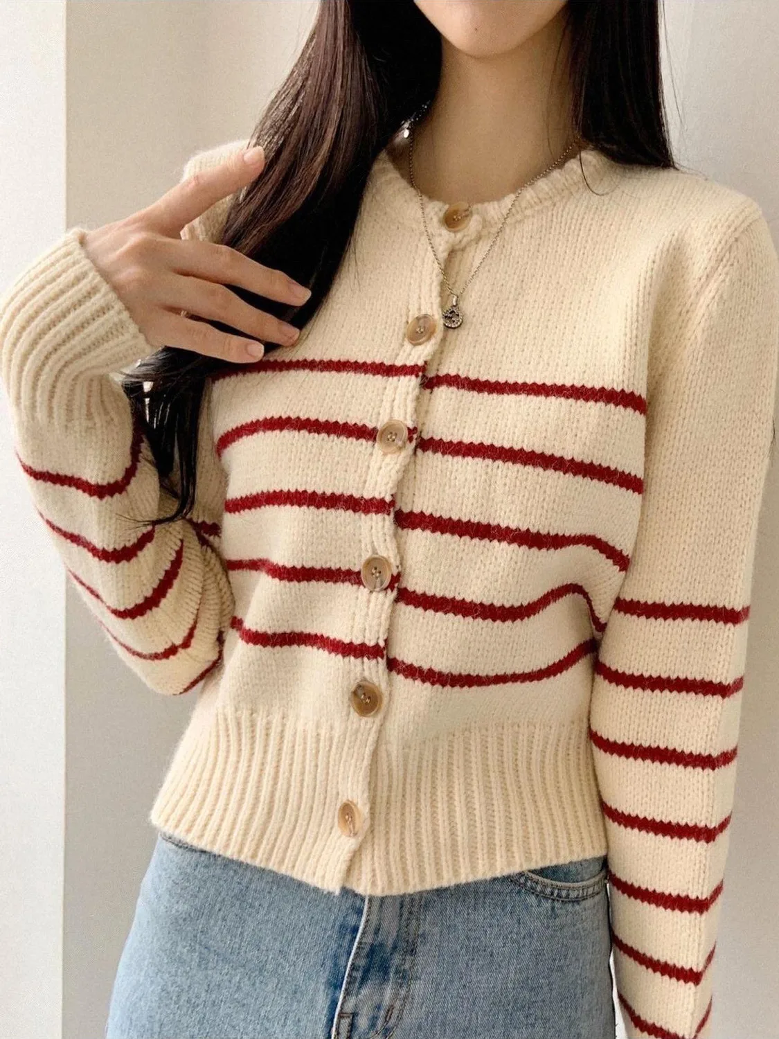 Soft Cozy Large Needle Knitted Open Cardigan Women's Faion Single Button Long Sve Sweater Coat Striped Pattern French Sle