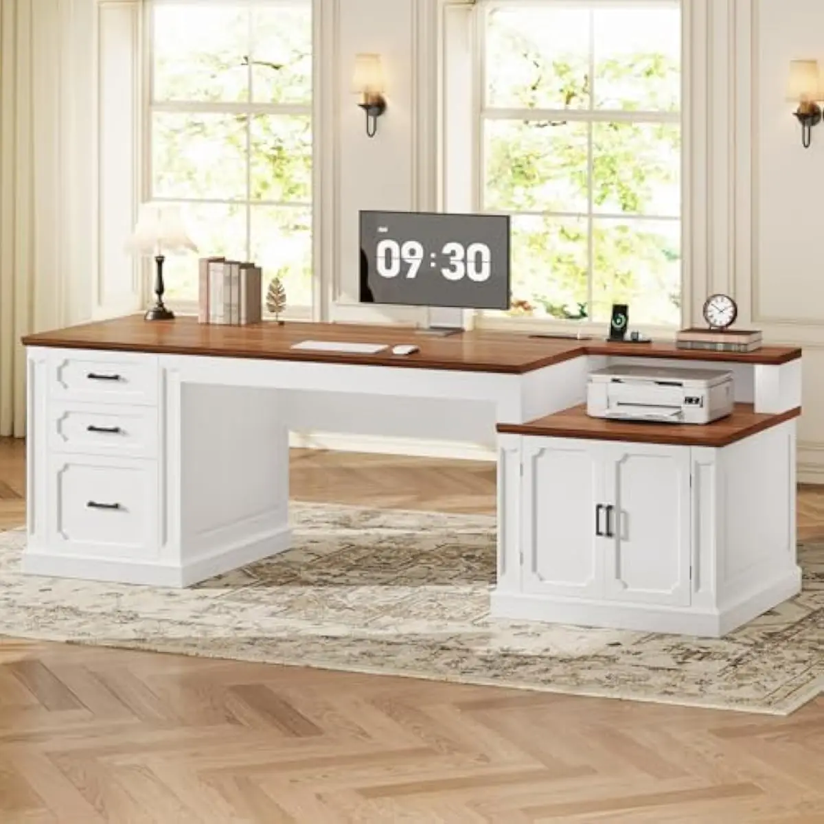 Farmhouse-style executive desk 70.9 inches wide with engineered wood construction, distressed white and brown finish, spacious d