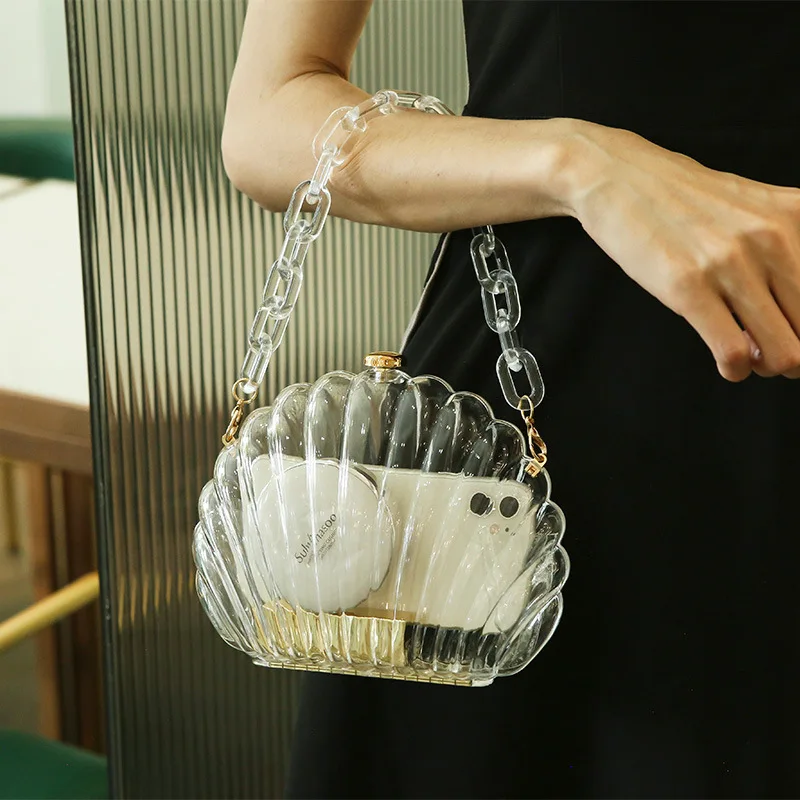 

Fashion Sequins Shell Shape Women Shoulder Bags Designer Chain Handbags Luxury Acrylic Crossbody Bag Lady Cute Shiny Purse