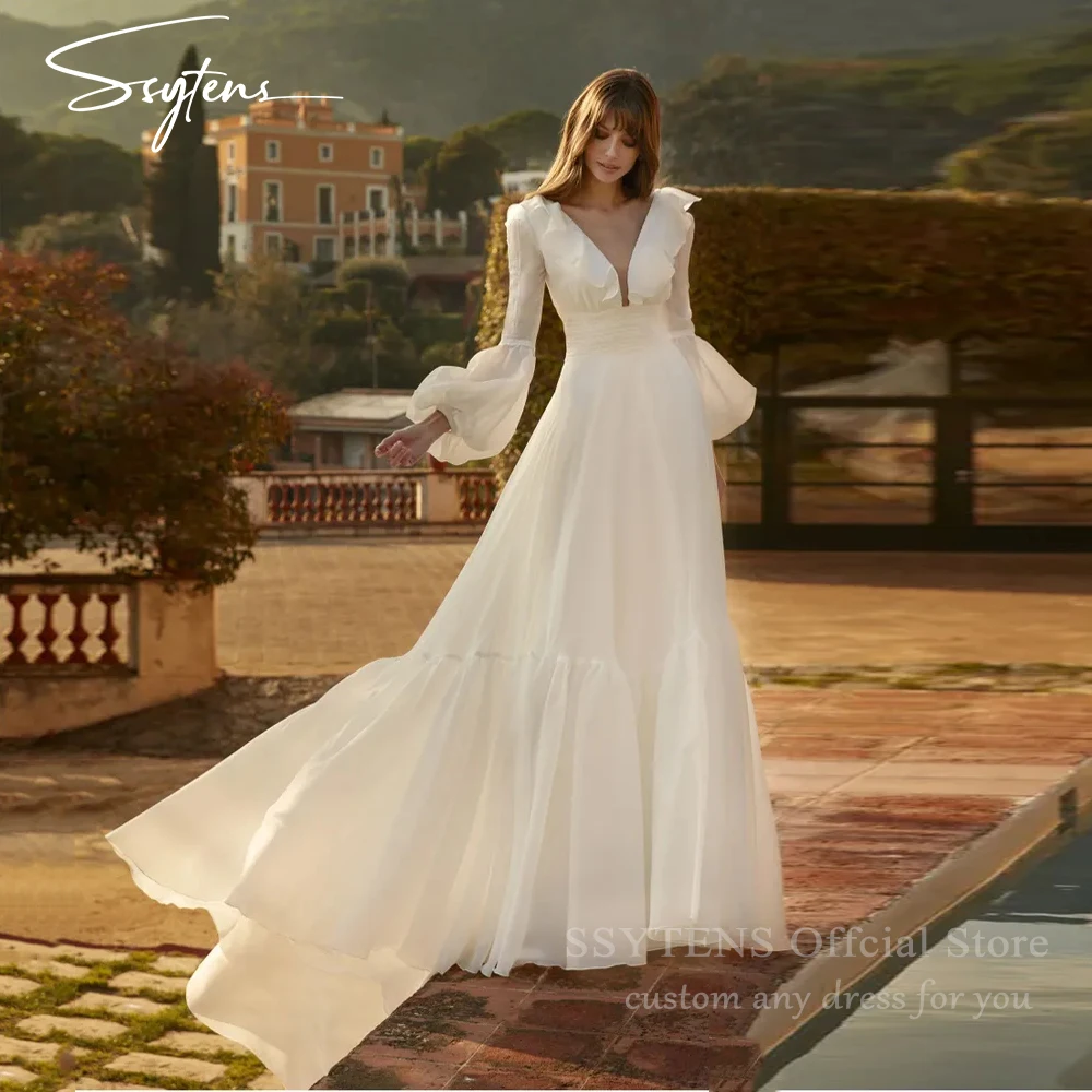 فساتين زفاف رسمية على شكل حرف a من SSYTENS على شكل حرف v وأكمام منتفخة فستان زفاف الشاطئ 2026 فساتين حفلات الزفاف البوهيمية حسب الطلب #1