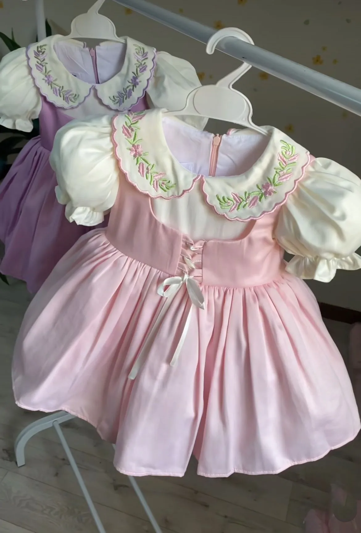 0-12Y Baby Girl Summer Pink Flower Embroidery Turkish Vintage Princess Ball Gown Dress for Birthday Holiday Easter Eid  B115