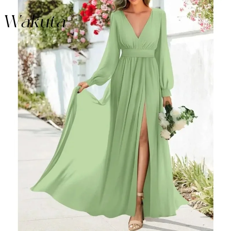 Wakuta Vintage V-Neck Long Sleeve Chiffon Robe Chic Waist Slim Split Party Evening Gowns  A-Line Glitter Vestidos De Graduación