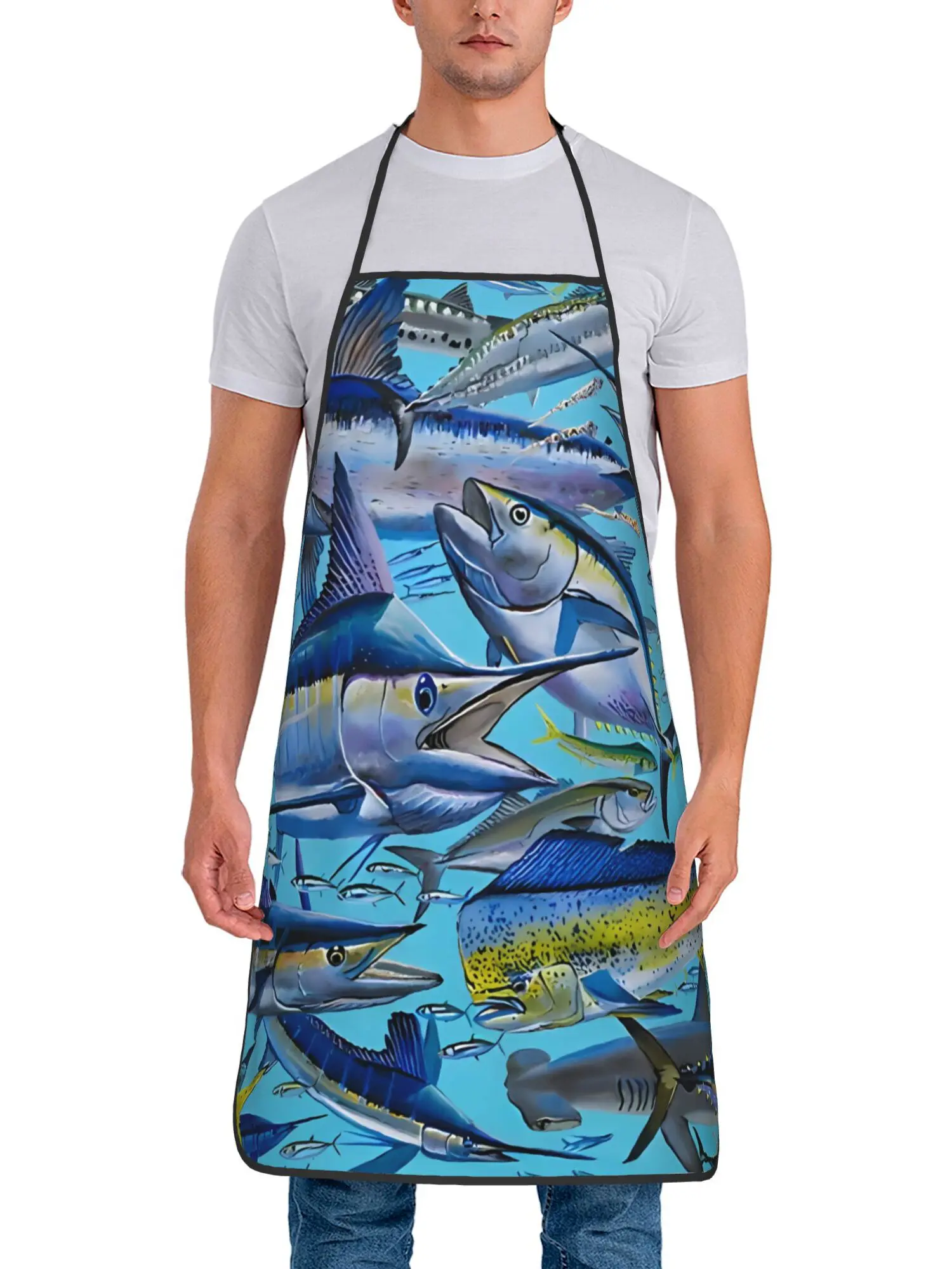 Offshore Gamefish Collage Printed Apron for Men and Women Vintage Fish Art Kitchen Cooking Apron