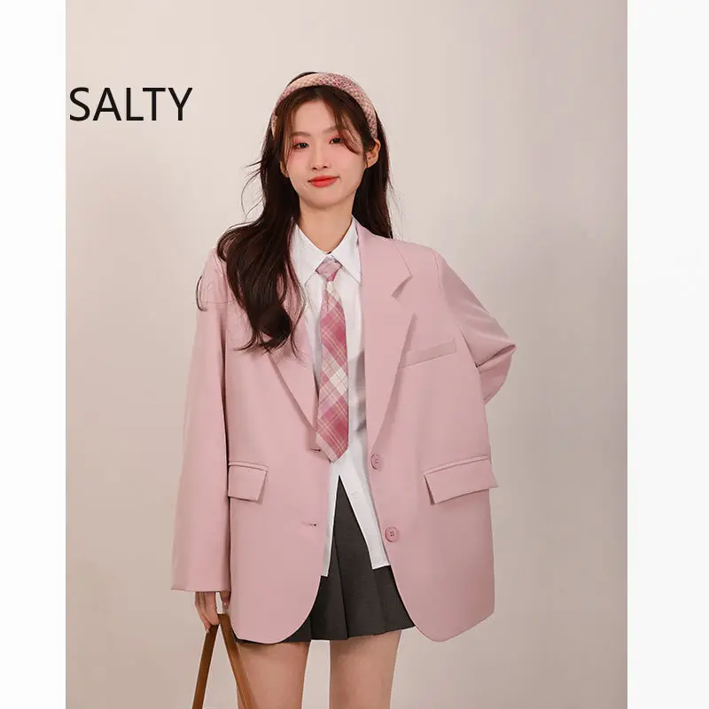 Nuevo 2025 Blazer rosa para mujer, chaqueta holgada coreana para estudiantes, Blazers elegantes lisos para oficina para mujer
