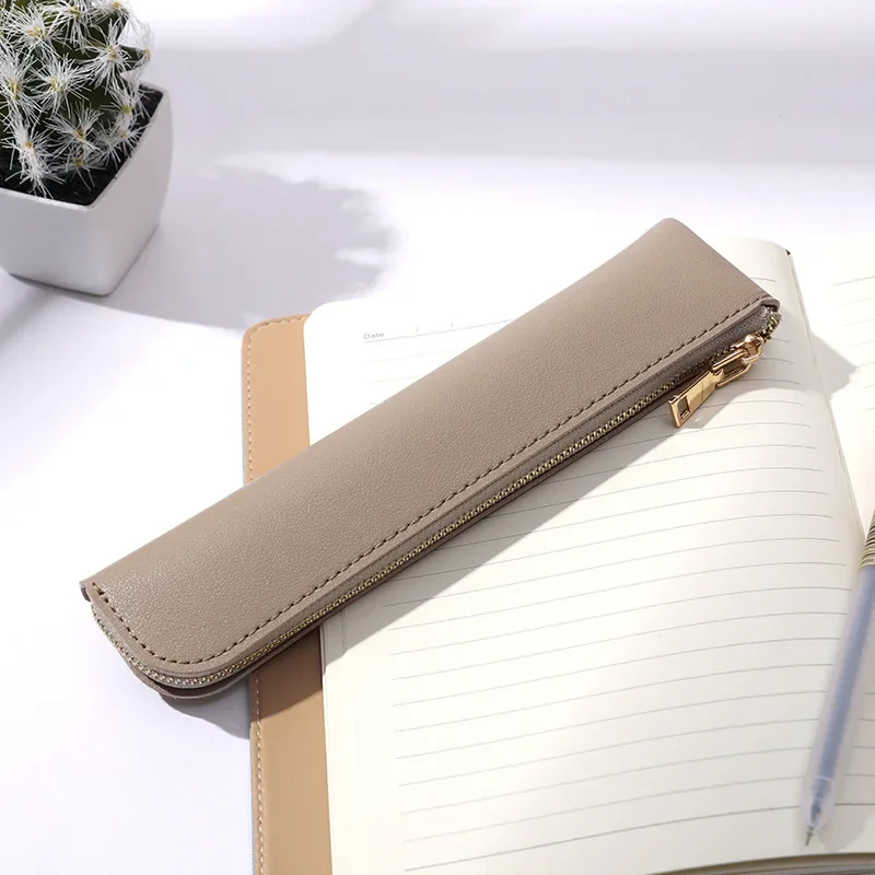 Simple Pen Sleeve PU Leather Mini Small Pen Bag Zipper Pencil Pouch Stationery Fountain Pen Holder Case Student School Supplies