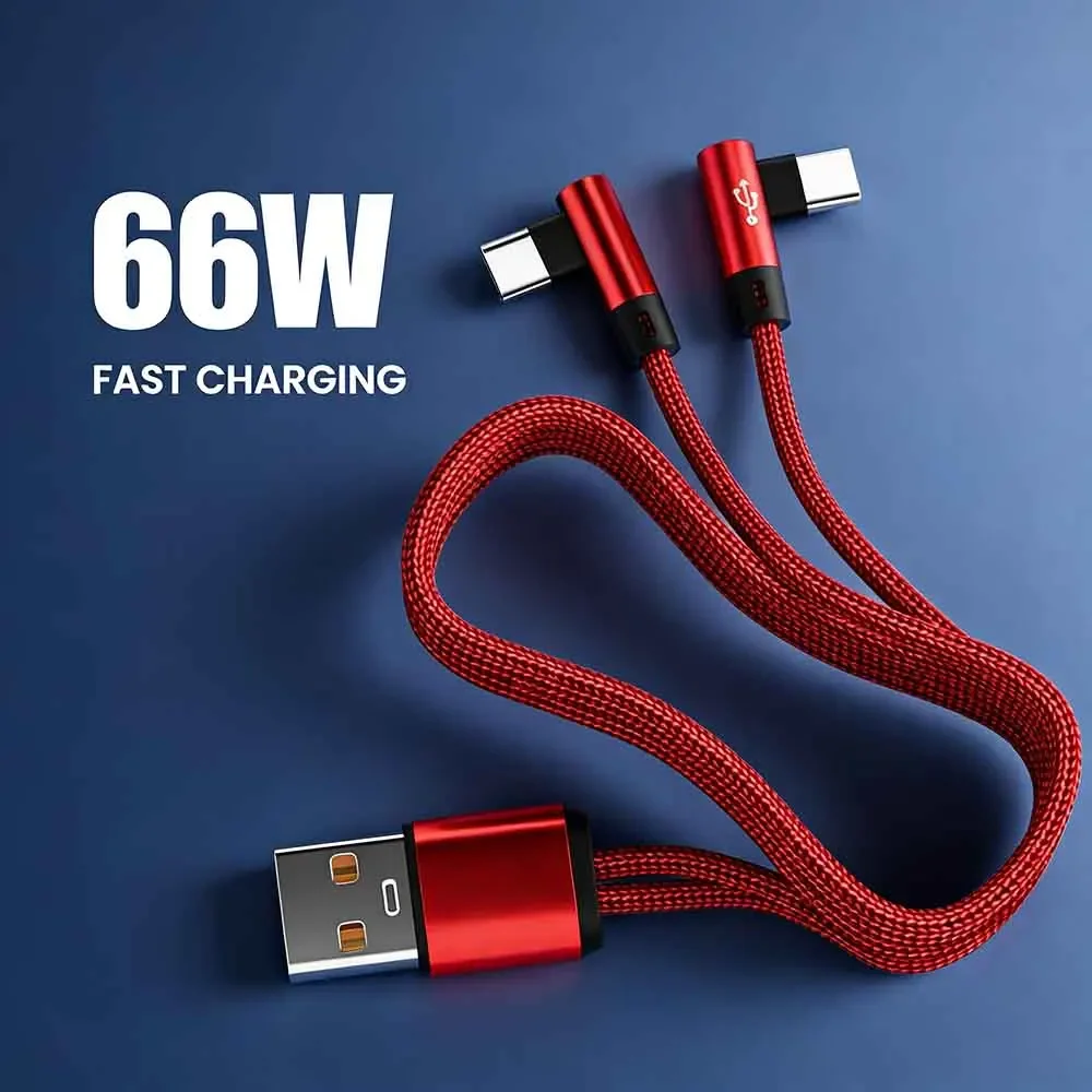 66W 2-in-1 USB-C-Kabel, schnelles Ladekabel für iPhone, Samsung, Xiaomi, Huawei, 90-Grad-Winkel, schnelles Ladekabel