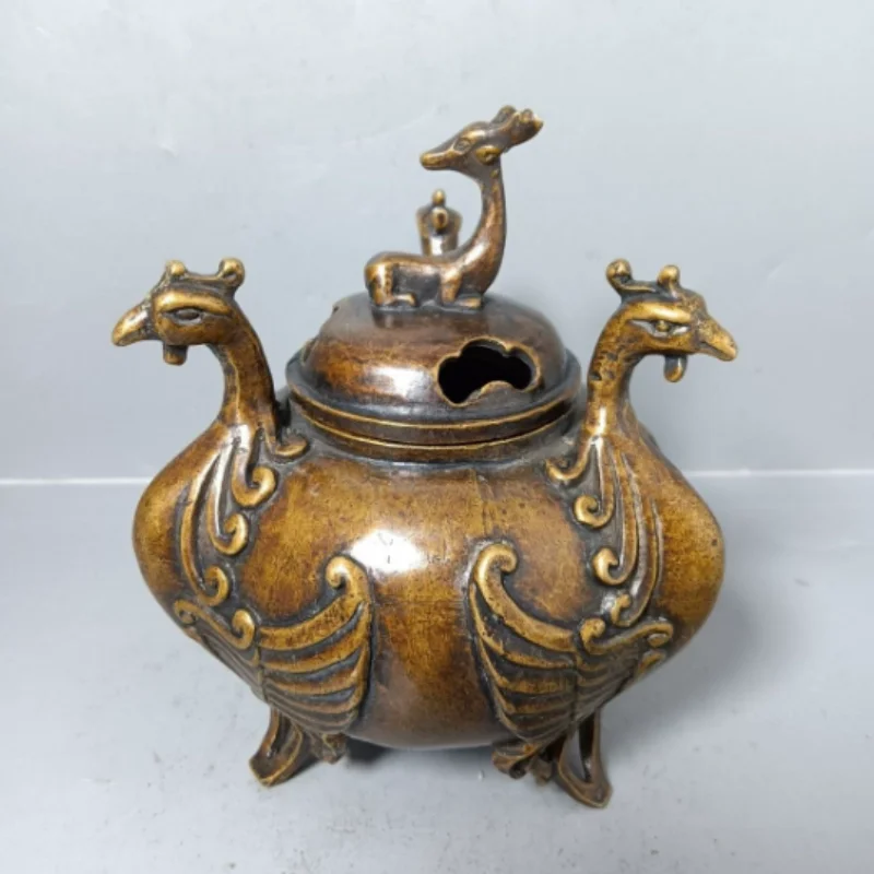 Antique Collection Brass Three sided Phoenix Incense Burner Deer Cover Three legged Home Tea Room Decoration Tea Ceremony Craft