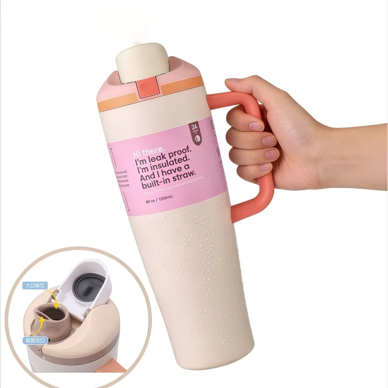 40oz Large Capacity 304 Stainless Steel Insulated Tumbler with Handle & Straw, Leak Proof Lock Lid Bounce Cup, Vacuum