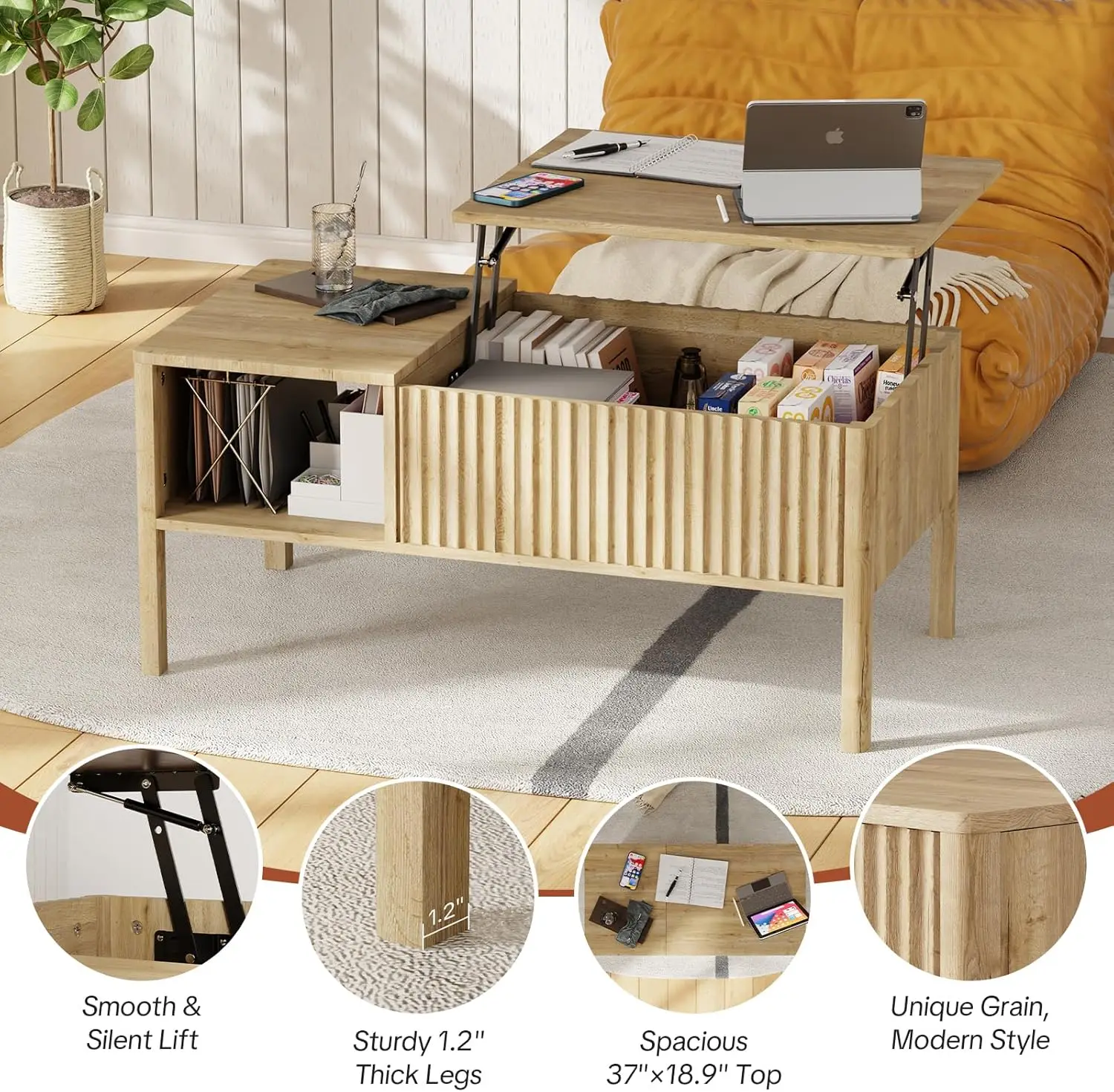 Журнальный столик с подъемным верхом и местом для хранения вещей, современный журнальный столик середины века для гостиной, гладкий гидравлический подъемник, большая вместимость