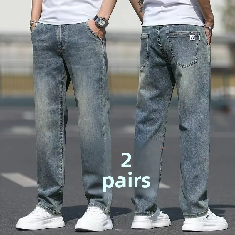 

Men's Autumn Winter Denim Jeans Elastic Waist Casual Loose Fit Fce Lined Straight Leg Long Trousers mid Waist Zipper Closure