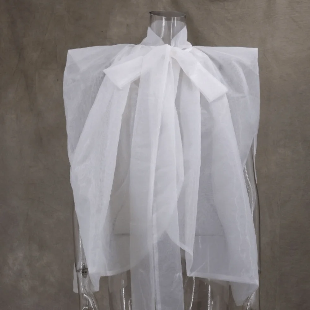 

Stand Collar White Shawl Bow Tops Streetwear High-density Yarn Solid Shawl Style Shirt Temperament White Women's Bowknot Shirt