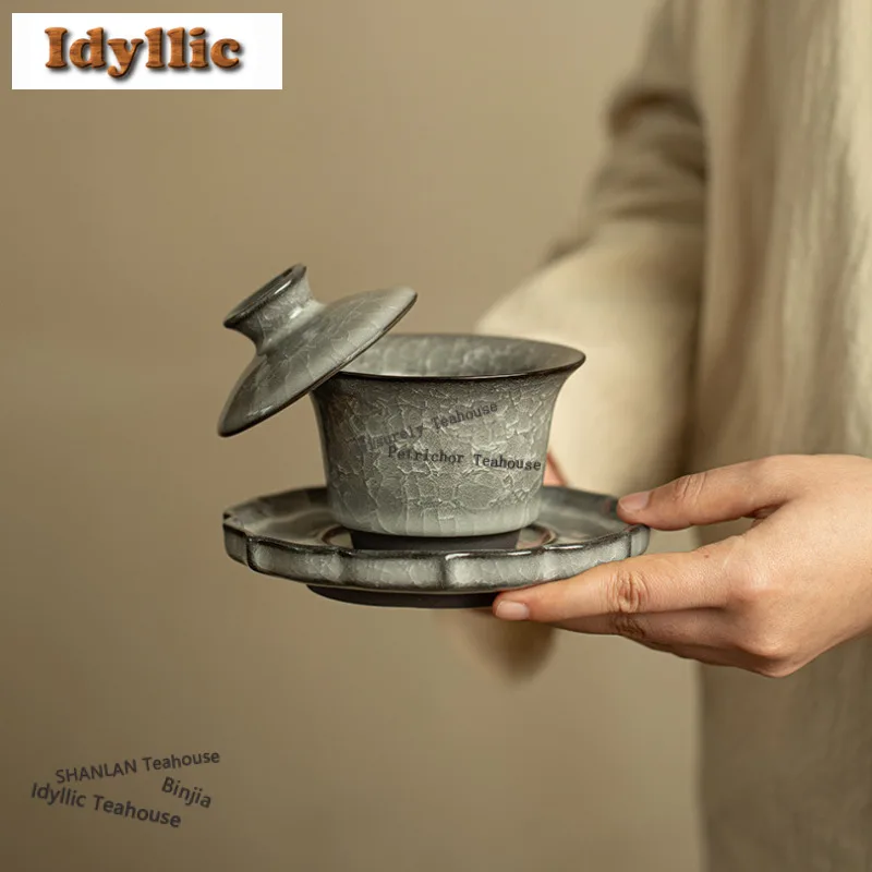150ml Kiln Change Ice Crack Glaze Gaiwan Ancient Tea Tureen Tea Bowl With Lid Kit Tea Maker Cover Bowl Chinese Teaset Decoration