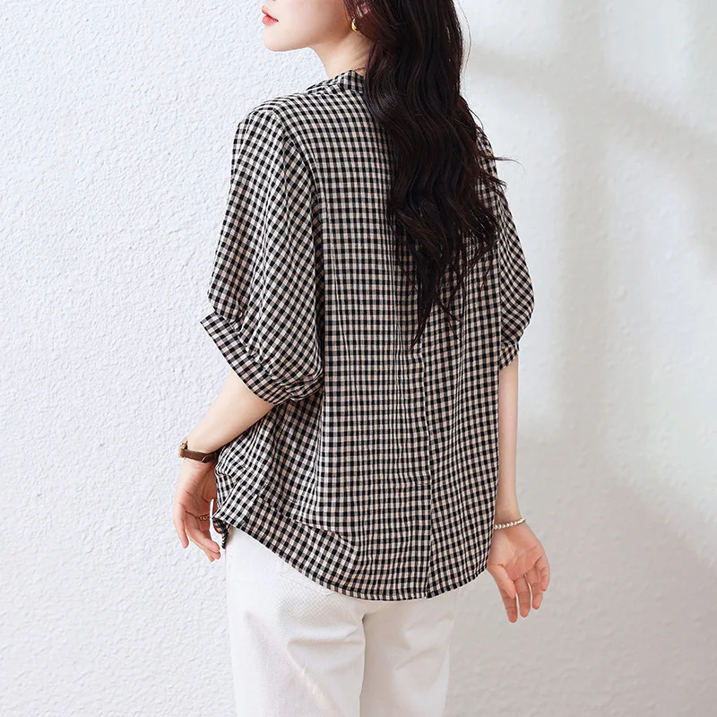 2023 Summer New Women's Silk Plaid Printed V-Neck Top Shirt Loose Large Short Sleeve Panel Slim Irregular T-shirt Shirt