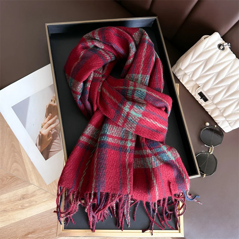 New2024 Cashmere Plaid Scarf Fashion Soft Solid Winter Thicken Big Shawl Women  Wrap Bandana Pashmina Tassel Blanket Neckerchief