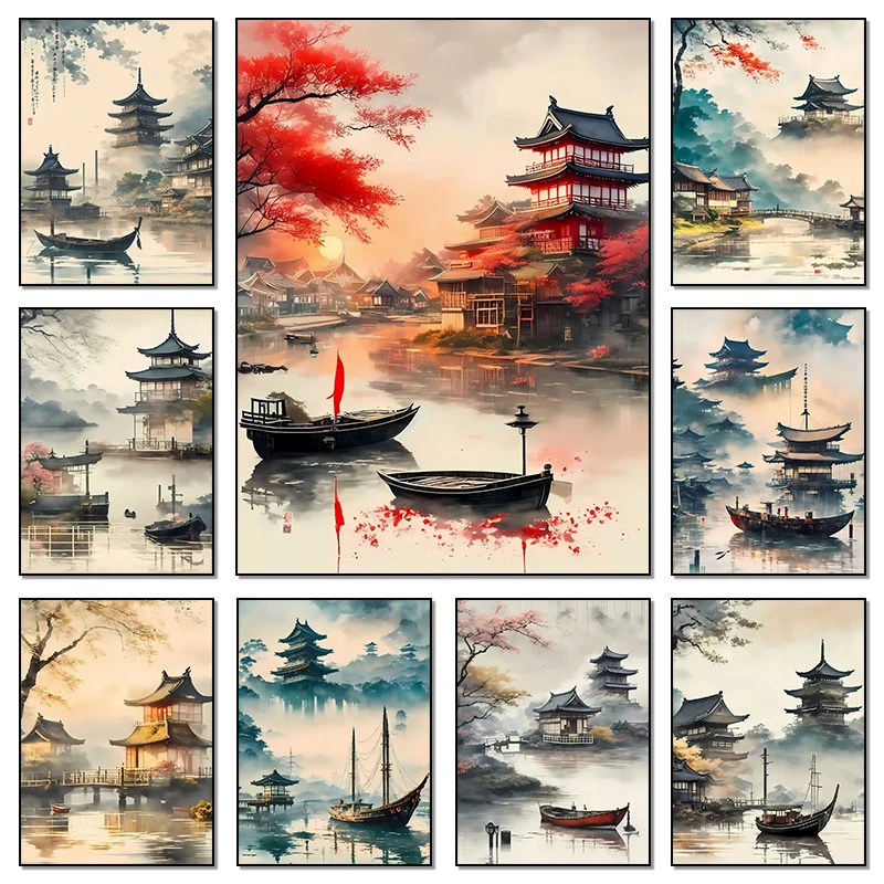 1PC frameless decorative art print,Vintage Japan Landscape Poster Prints River Boat Tower Views Canvas Painting Wall Art Picture