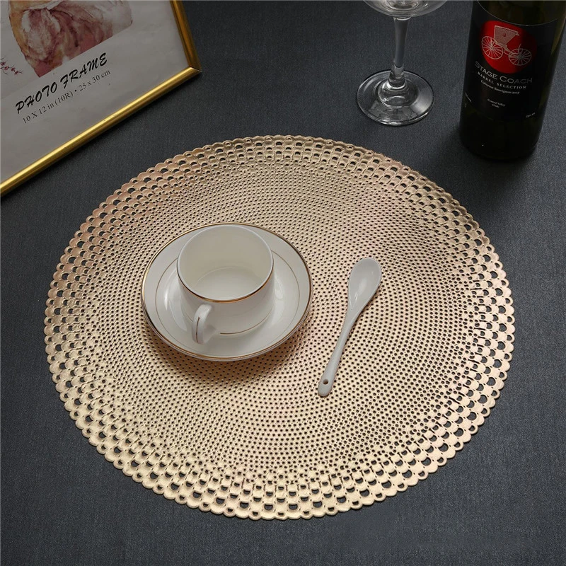 Round Placemats Restaurant Leaf PVC Hollow Meal Pads 38cm Anti-hot Dining Table Mats Set Gold Silvery Weave Pattern Tablemat