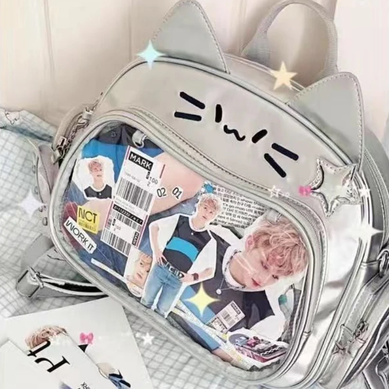 Japanese Y2K Cute Cat Ita Bag Kawaii PU Shoulder Bag Girls Transparent Pocket Crossbody Bags Harajuku Fashion Women Backpacks