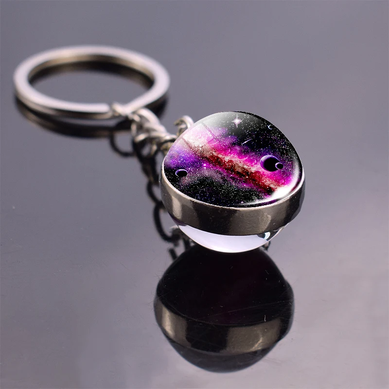 Northern Lights Planet Keyring Galaxy Nebula Space Keychain Double Side Glass Ball Key Chain Astronomy Lovers Gift