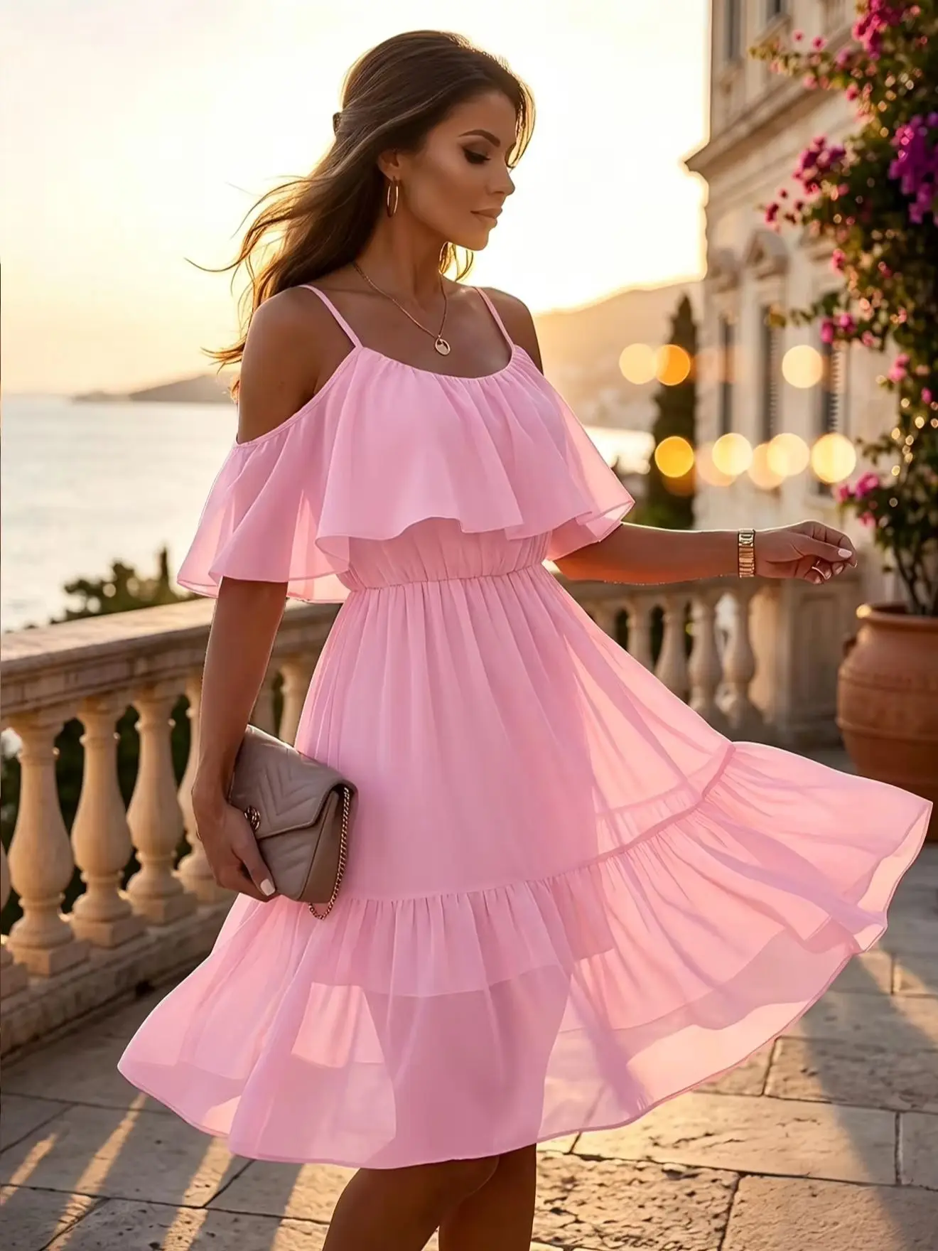 Damen Cold-Shoulder-Minikleid mit Spaghettiträgern, Rüschen, mehrlagigem Chiffon, elastischer Taille, fließendem Stoff und gestuften Rüschen – Sommer Strandkleid – Detail 2