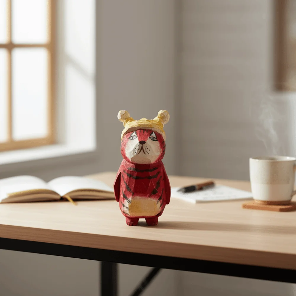Cartoon Wood Carving Cat Ornament Unique Handmade Painted Cat Sculpture Traditional Cat Figurines Bookshelf Decor