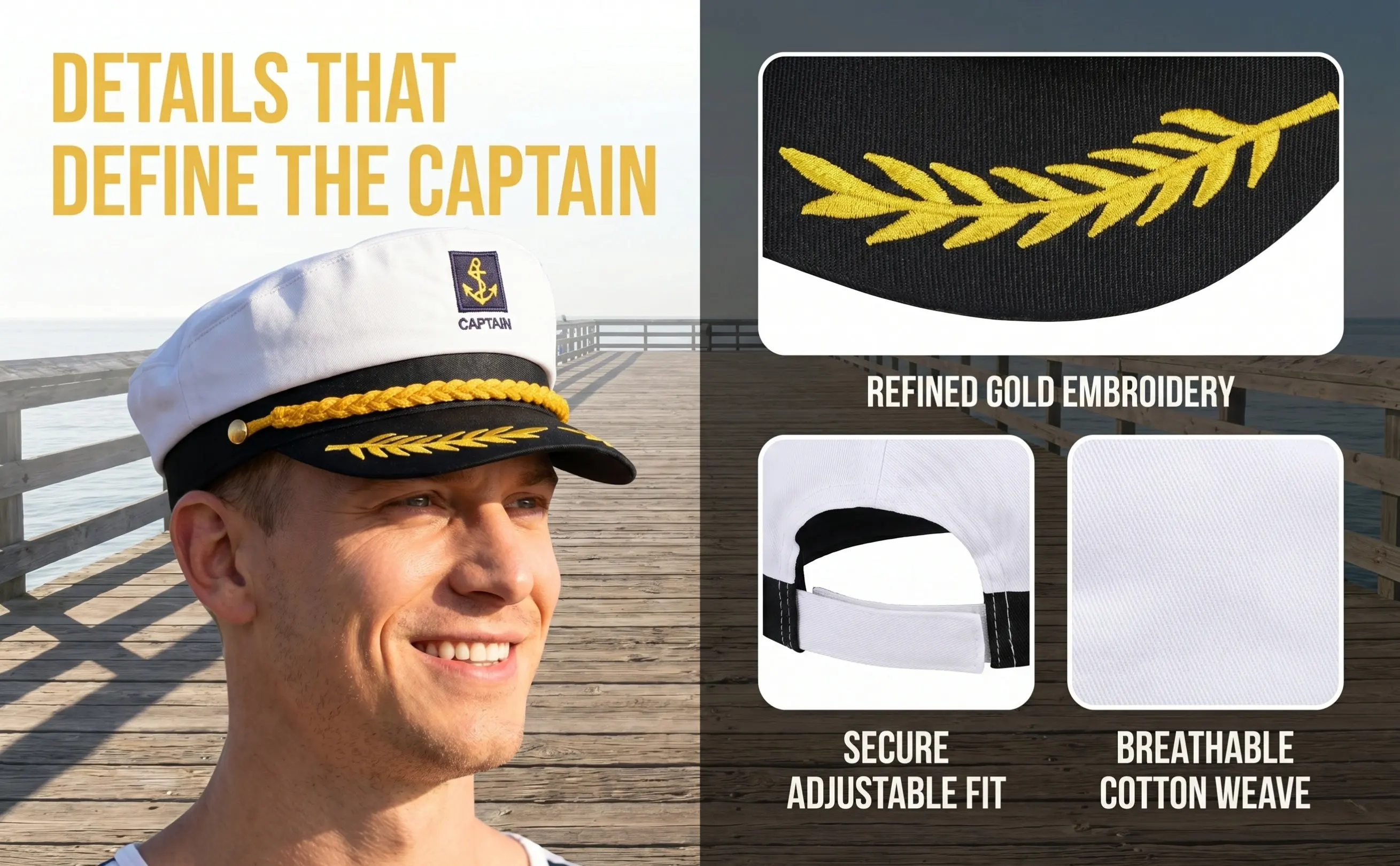 Classic Embroidered Sailor Captain Hat Design for Men Women Yacht Boat Party Cosplay Accessory