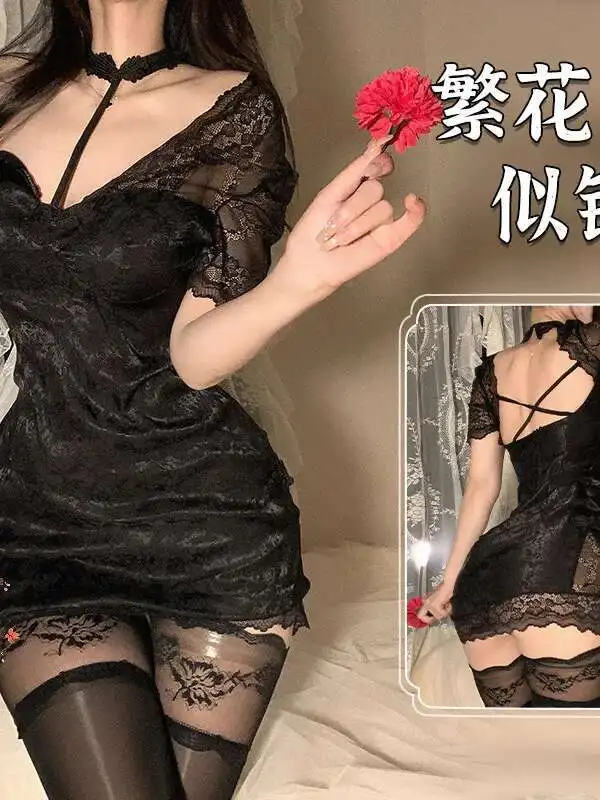 Lace Mesh Sexy Ancient Style Temptation, Jacquard Lace Cheongsam Slim Uniform Female Dress Elegant Sheer Transparent LV6B