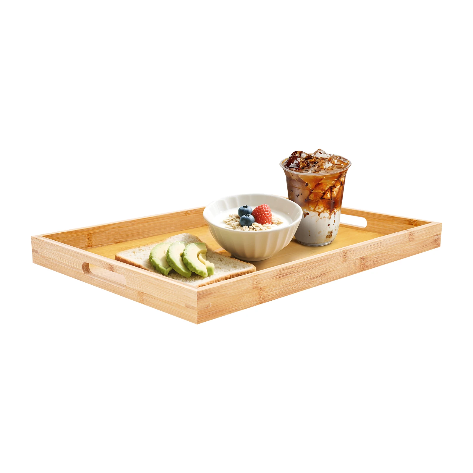Plateau de service en bambou 4 pièces, plat de petit déjeuner rectangulaire en bois, assiette à café décorative avec poignées pour Fruits, gâteaux, boissons