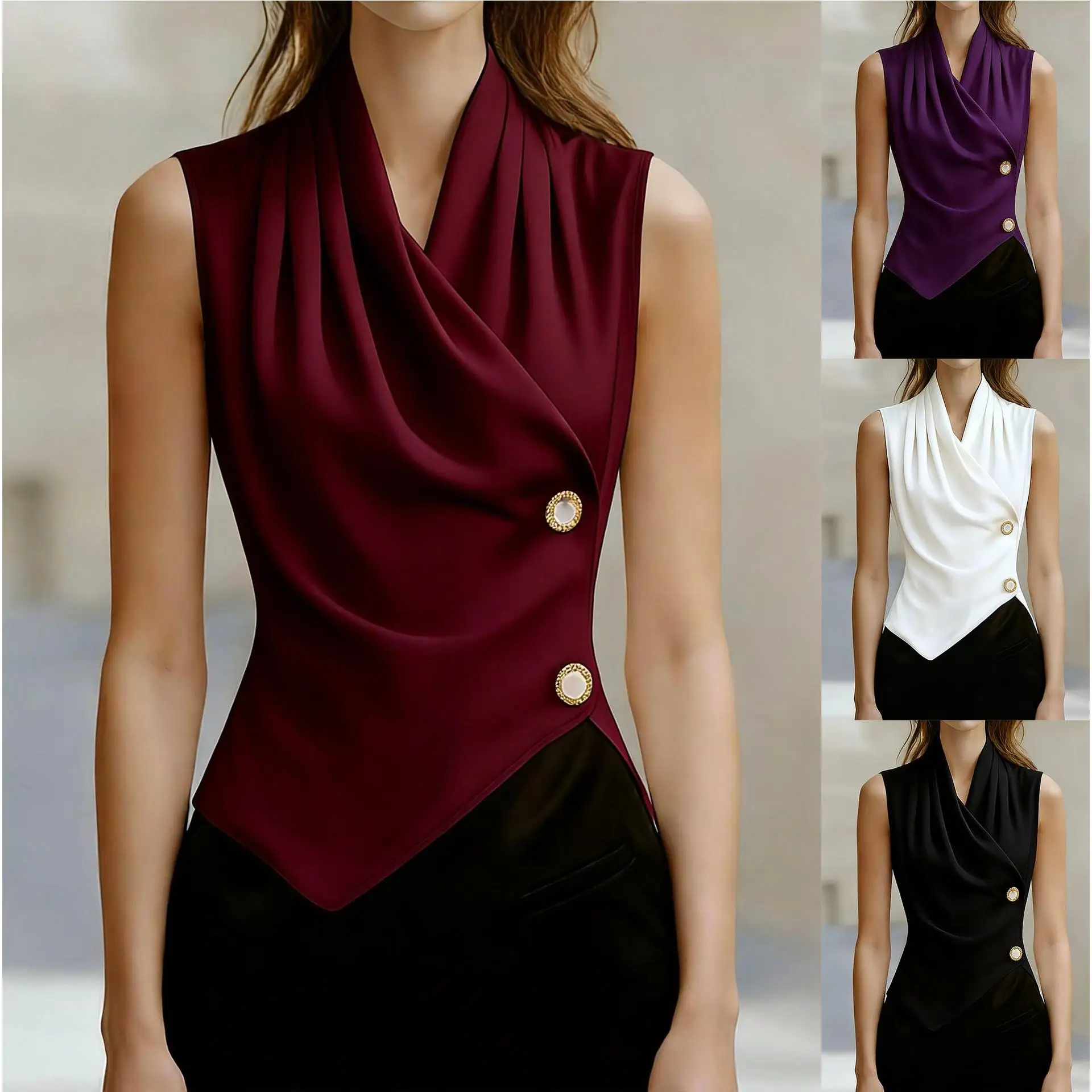 

2026 Commute Sexy Top Shirt Sleeveless V-Neck Knot Folded Elegant Versatile Women's Chinese Style Clothing Spring Season