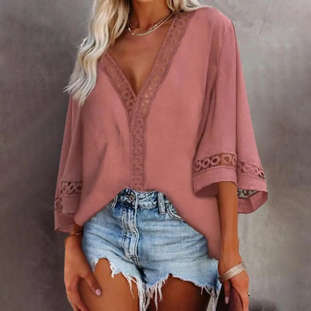 

3/4 Sleeve Women Women Bell Sleeve Loose Blouse Female Ladies Tops Bell Sleeve for Daily Life