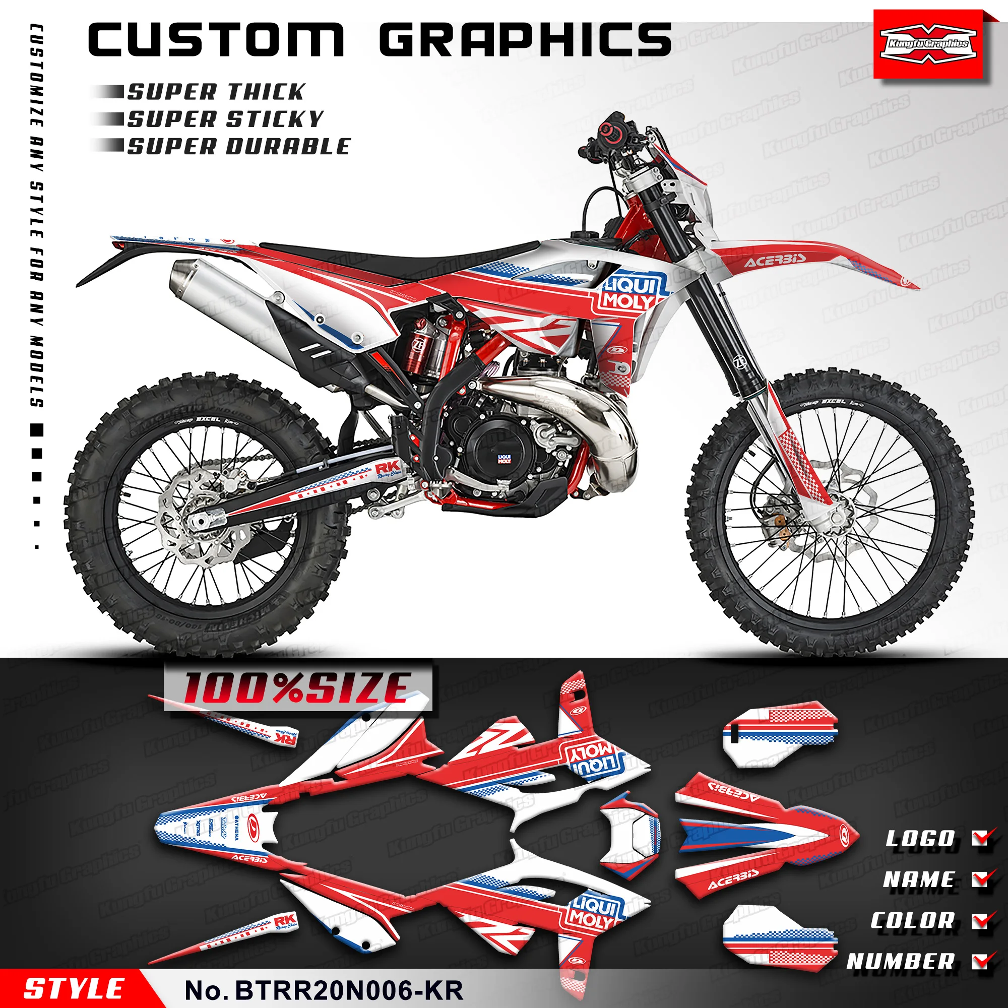 KUNGFU GRAPHICS Dirtbike Graphics Sticker Sheet for Beta RR 2020 2021 2022 2023 2024, Rebuild Kit, BTRR20N006-KR