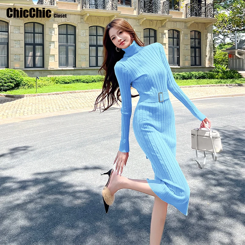 Turtleneck Sexy Wrap Hips Knitted Dresses Women 2025 Autumn Winter Long Sleeve Bodycon Sweater Dress