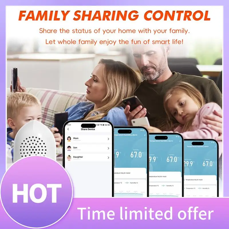 

ABFN-WIFI Датчик температуры и влажности Детектор температуры и влажности для интерьера Интеллектуальная сигнализация температуры и влажности