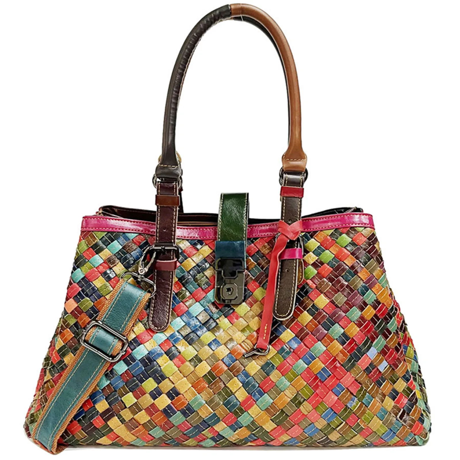 

Fashionable Top Grain Genuine Leather Women Shoulder Bags Woven Handbag Contrasting Color Travel Crossbody Hand Messenger Valise