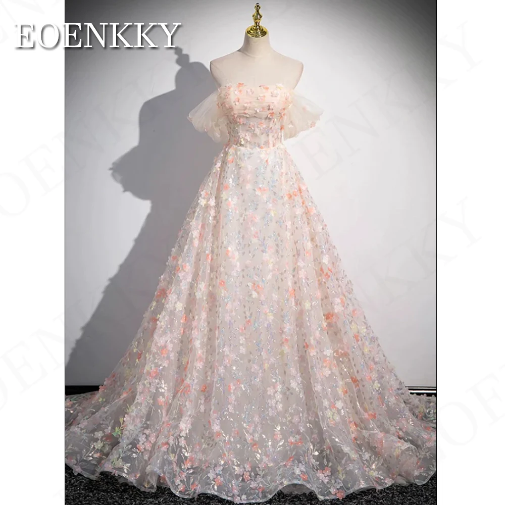 Elegant Floral Prom Dress 2024 Off Shoulder A Line Formal Occasion Dresses Sequined Lace Backless Women vestidos de graduación