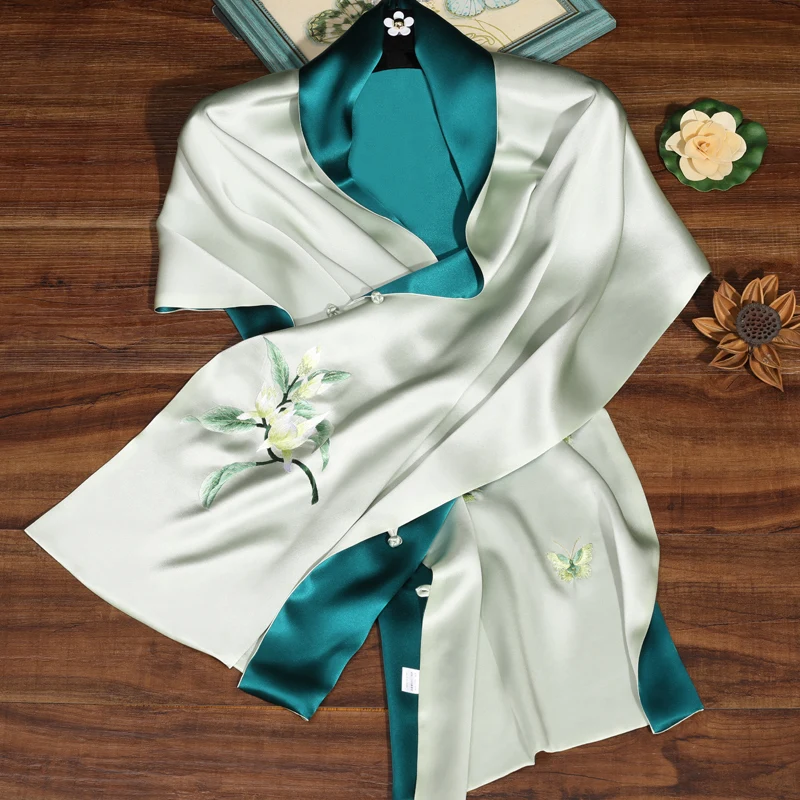 Silk Scarf Women's Mulberry Silk Shawl for Cheongsam Dress Outer Wear Suzhou Silk Embroidery Double-Layer Buckle Scarf