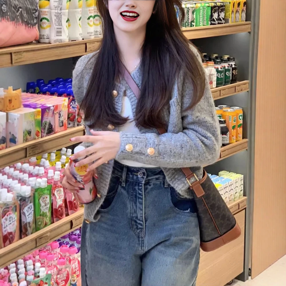 여성용 긴 소매 가디건 버튼 장식이 있는 일반 오픈 프론트 라운드 넥 캐주얼 스웨터 가을 겨울 달콤한 데이트용