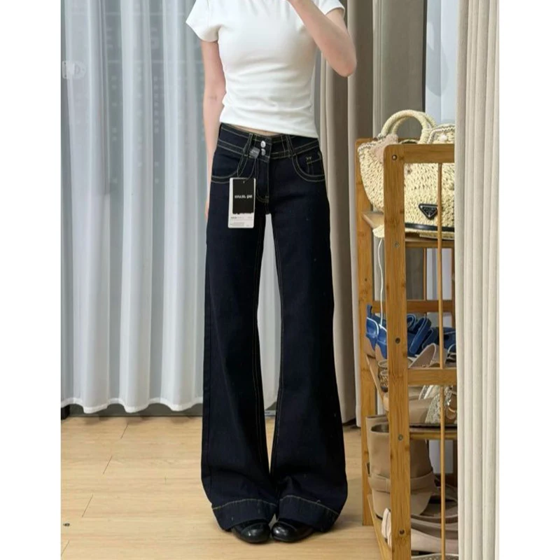 Hot Sale Lady Thin Dark Blue Flared Jeans Girls Narrow Straight Leg Denim Pants Female High Waist Leisure Trousers