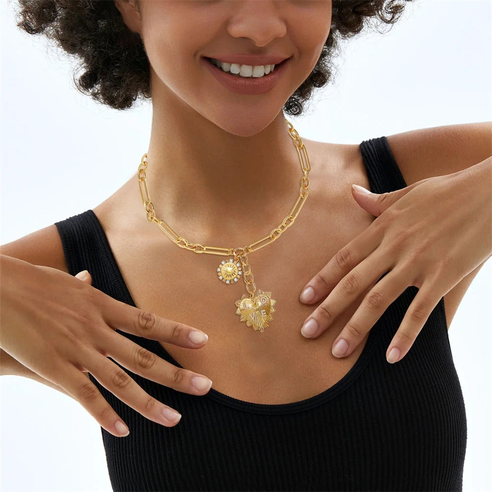 Chunky Gold Color Heart Pendants Necklace Sun Flower Necklaces for Women Aesthetic Jewelry Hip Hop Zircon Choker Christmas Gift